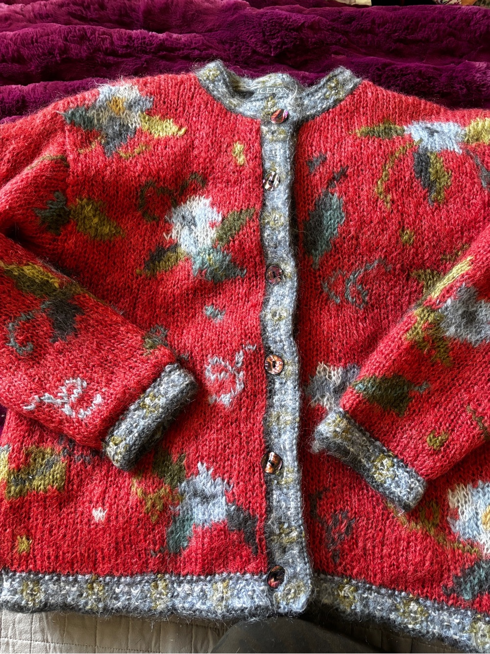 Icelandic Design Red Floral Cardigan Sweater with black lining size medium